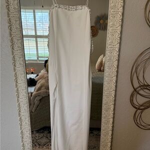 Strapless White Evening Dress with Embellished Trim bridal front slit coastal